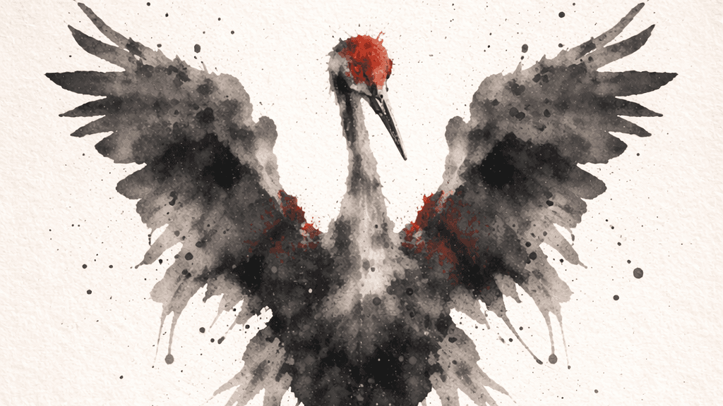 a crane in ink plot style taking flight