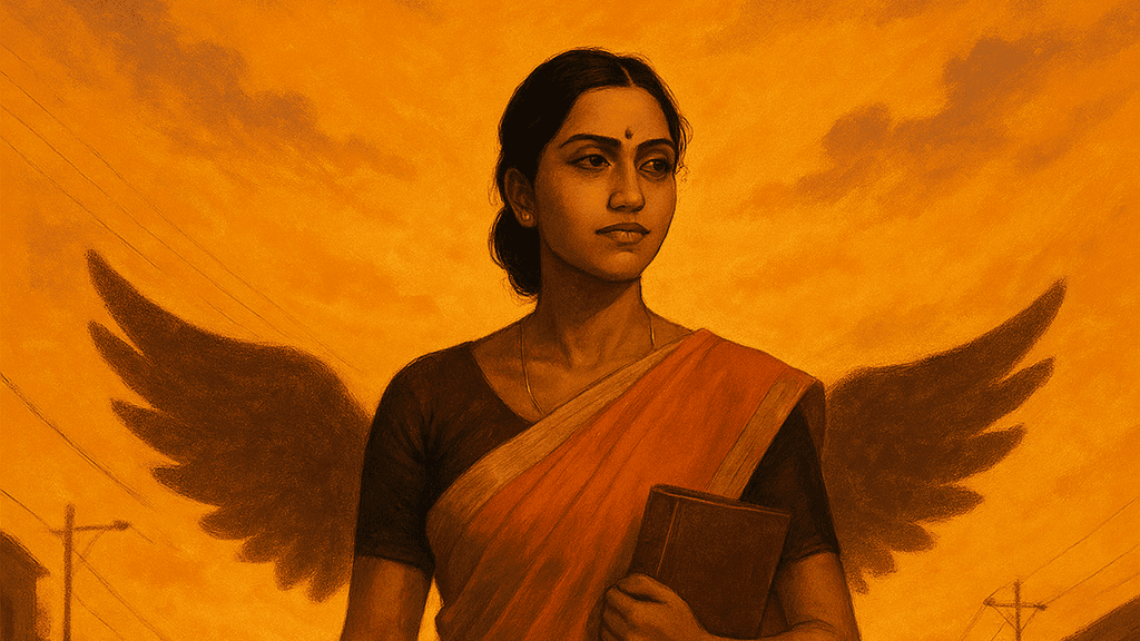 **Short Image Description:** A confident Indian woman in a saree stands on a rooftop at sunrise, holding a briefcase and chai, symbolizing financial independence and inner strength