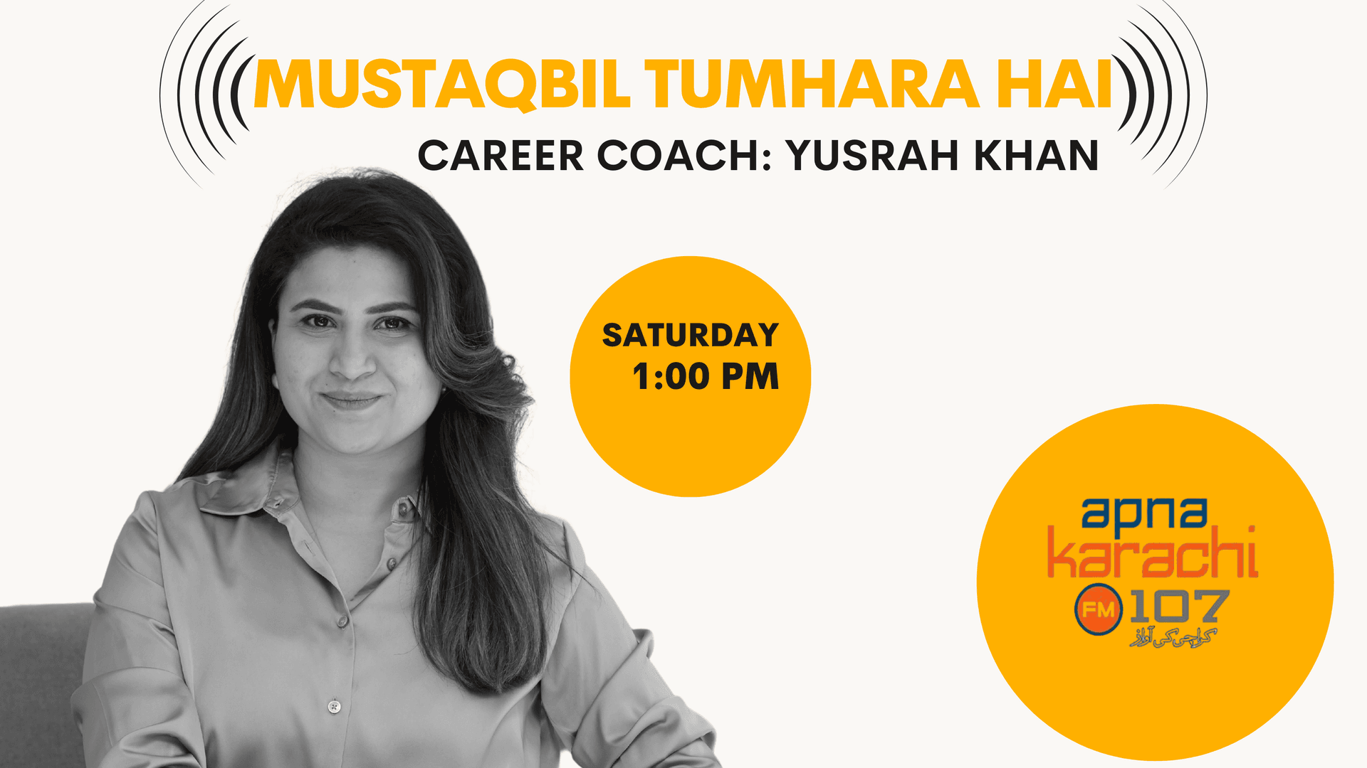 A confident woman speaking into a studio microphone, wearing headphones, with a backdrop that reads ‘Mustaqbil Tumhara Hai.’ The setting is a modern radio station, symbolizing empowerment, voice, and leadership.