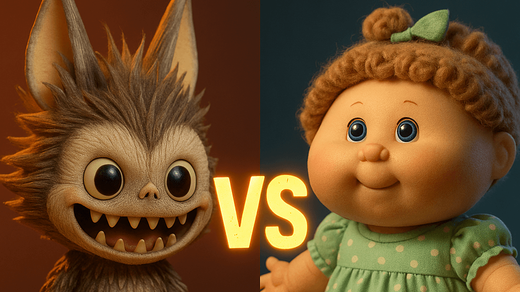 A side-by-side digital illustration shows two collectible figures facing each other with a glowing "VS" in the center.