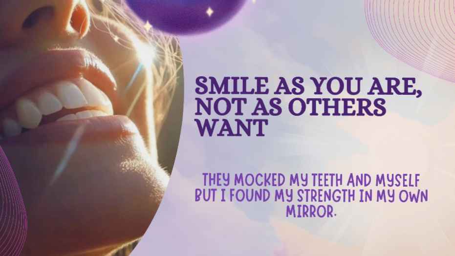 A warm, sunlit close-up of a genuine smile, overlaid with a bold message about embracing yourself despite criticism, a visual celebration of confidence and inner strength.