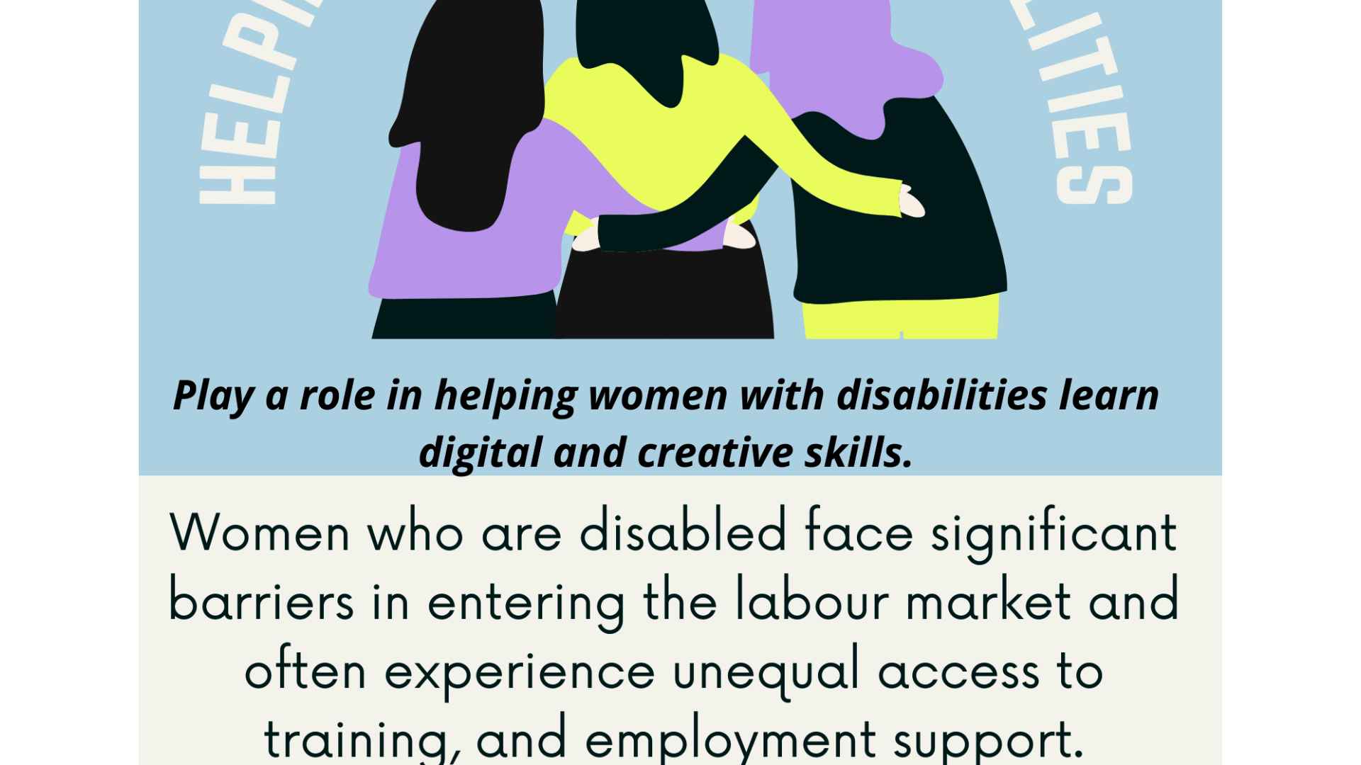 Graphic design showing images of three women holding each other. 