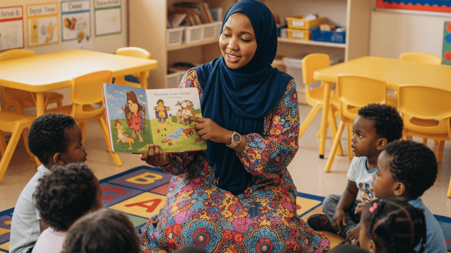 An AI-generated image showing a woman seated in a circle with preschool children inside a bright, colorful classroom. The teacher is smiling warmly, surrounded by engaged children who are learning and playing together.”