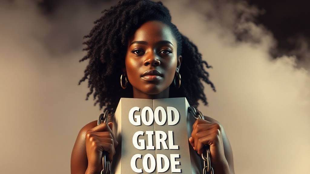 A strong, confident woman standing tall, breaking invisible chains labeled ‘Good Girl Code,’ modern realistic style, warm lighting, empowering and inspiring atmosphere, soft background of abstract office and home symbols, cinematic, high-resolution