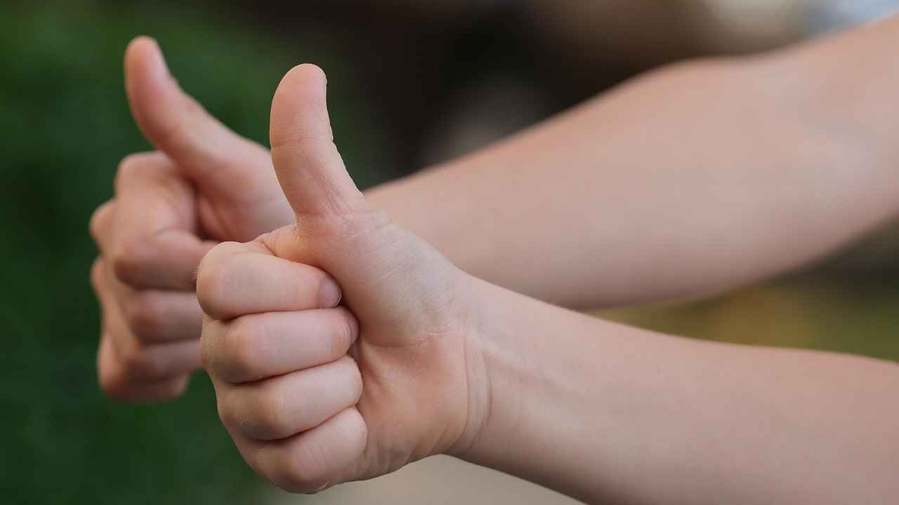 Two hands raised, each with the thumb extended upward, giving a “two thumbs-up” gesture to express strong approval or encouragement.