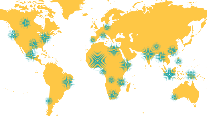 A yellow map with green World Pulse logos indicates the general areas where Digital Ambassadors are most active.