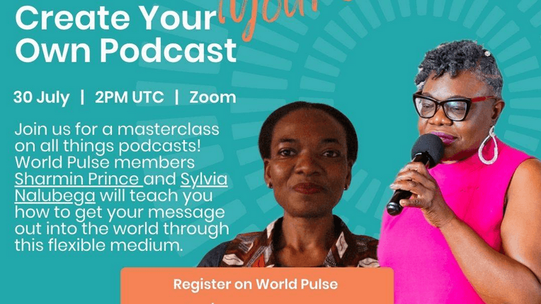 A teal colored poster with an orange banner and white font. The poster announces the upcoming Training Tuesday session. Photos of Sylvia Nalubega and Sharmin Prince, the speakers, are added. The poster announces the topic, "Creat