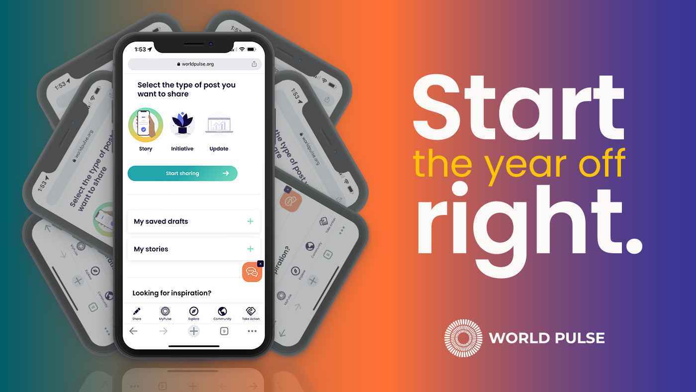 Image shows a smartphone display of the World Pulse share page. Text reads "Start the year off right." and includes a World Pulse logo. The background is a gradient of green, orange, and purple.