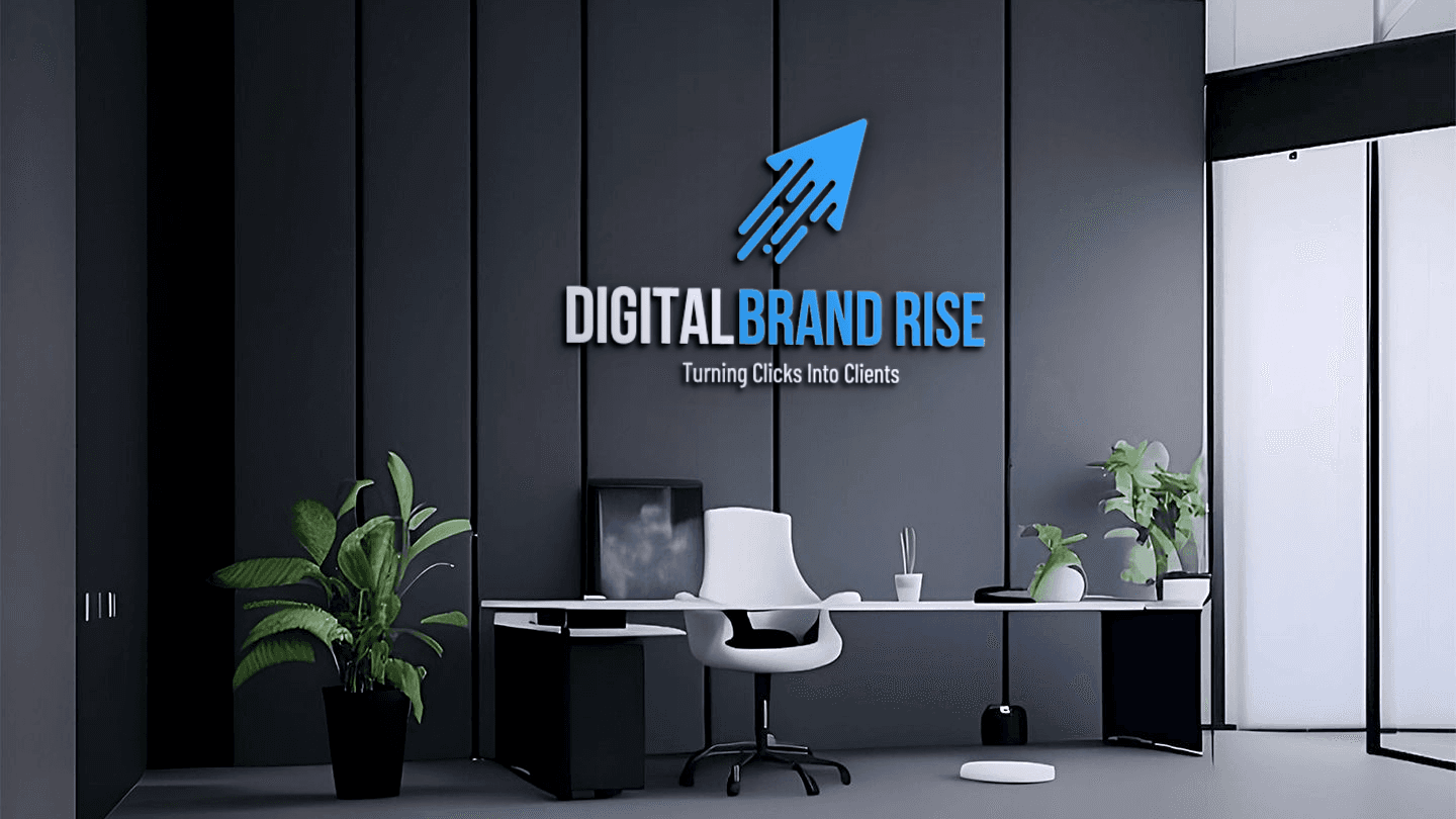 3D Logo of Digital Brand Rise on wall Office minimally furnished, with a white ergonomic chair at the center, a clean desk setup, and a few indoor plants adding a touch of greenery.