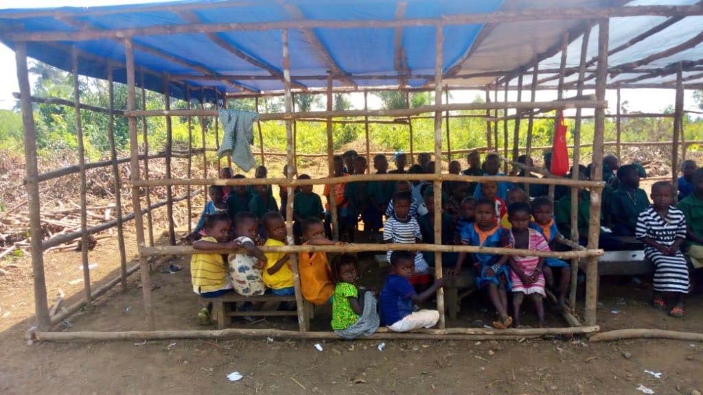 In MaBambu village we have started constructing a school to replace the one with sticks and tarpaulin pictured here 