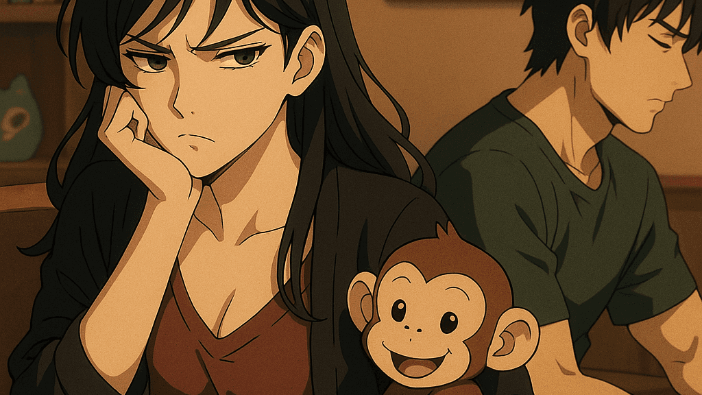 An anime-style illustration showing a frustrated young woman sitting on a couch in a cozy room