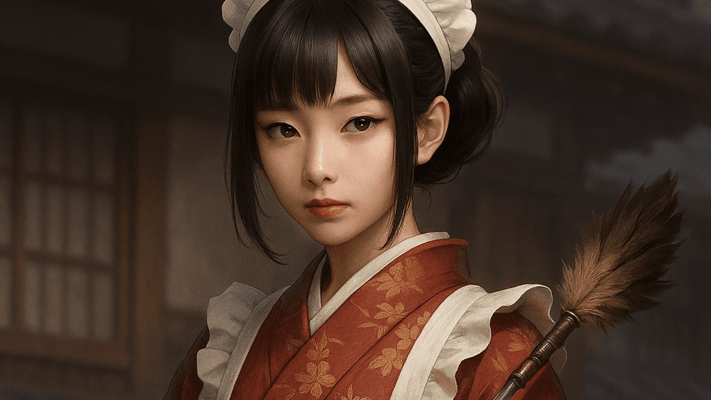 an indigenous woman dressed in a japanese outfit and posing as a maid
