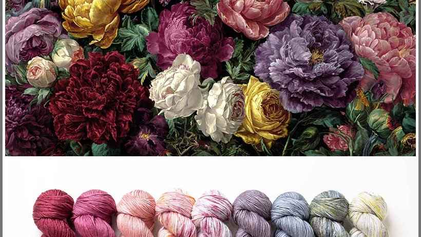 a bunch of flowers above with yarns inspired by their beauty below