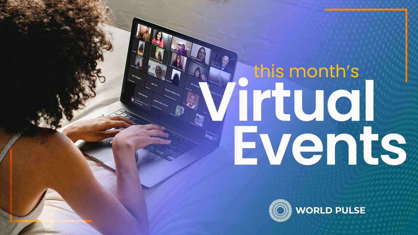 Image shows a woman on a laptop. Text reads "This Month's Virtual Events"