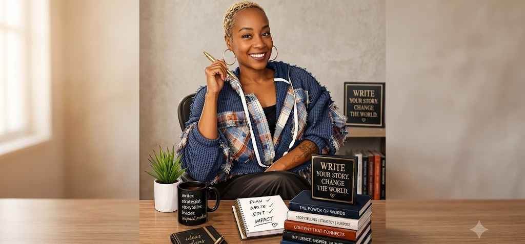 A woman sitting a desk with a pen in her hand, surrounded by books and a coffee mug.