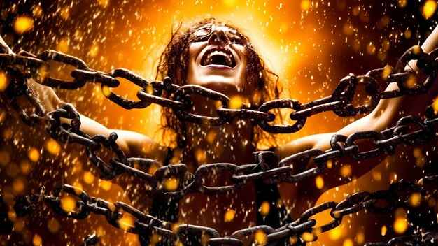 A Lady stands with arms outstretched, breaking free from heavy chains that shatter around them, symbolizing liberation and newfound freedom emphasizing the emotional intensity of the moment