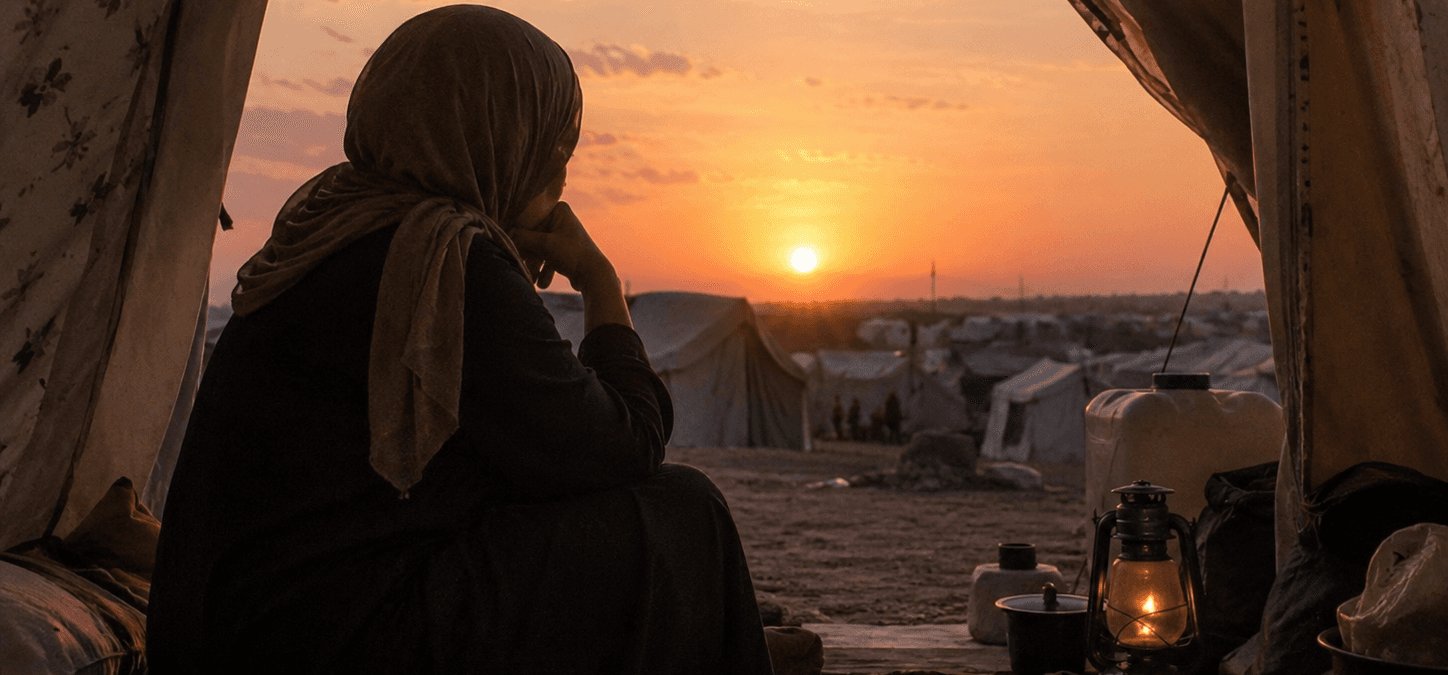 A woman sits inside a tent, looking out at a camp of tents during sunset. Golden light fills the scene, highlighting a moment of reflection, resilience, and hope amid displacement and difficult living conditions.