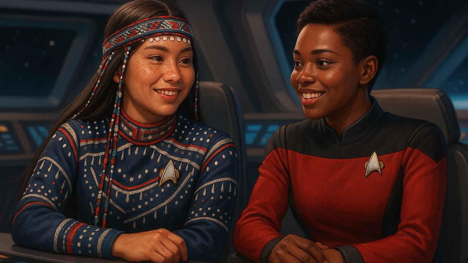 indigenous star trek captain sitting with a Uhura sort of character