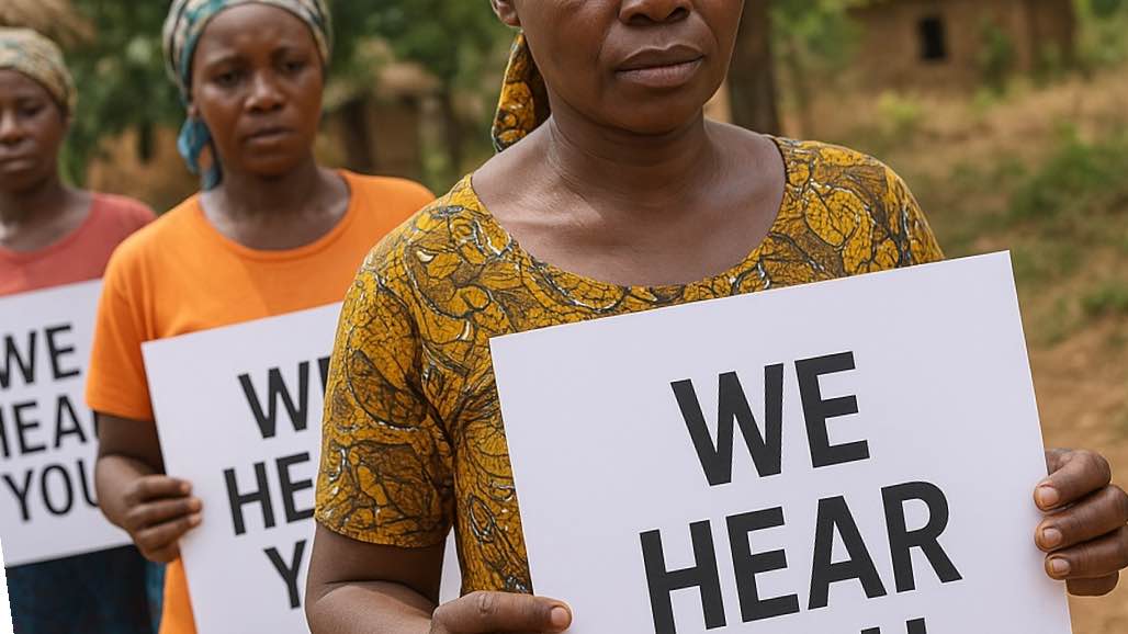 A photo of village women holding white placards with words written in black ink “we hear you”