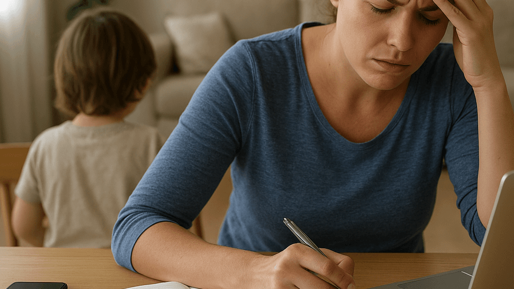 The AI-generated image shows a frustrated and worried mother tensed over the decision making between career and her child. Prioritizing can be the best solution to this.