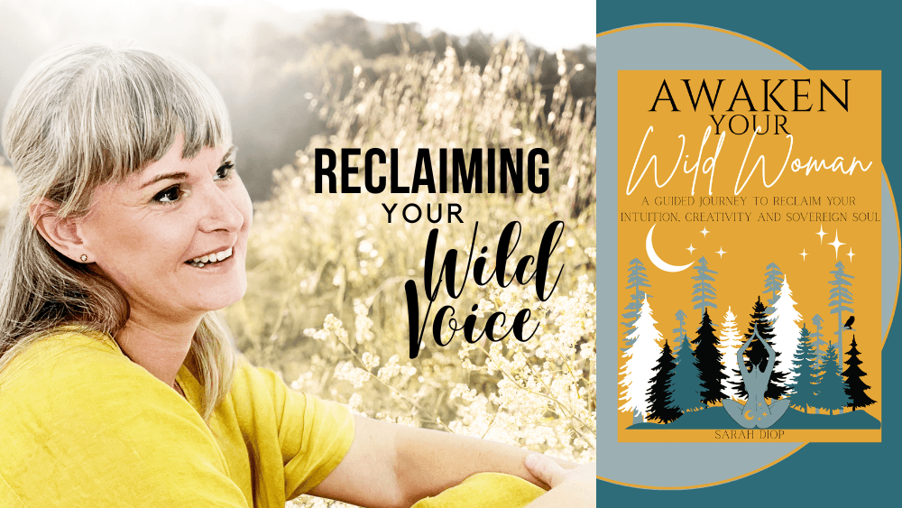 Photo of the author Sarah Diop sitting in a field of flowers and a Picture of her workbook "Awaken Your Wild Woman"