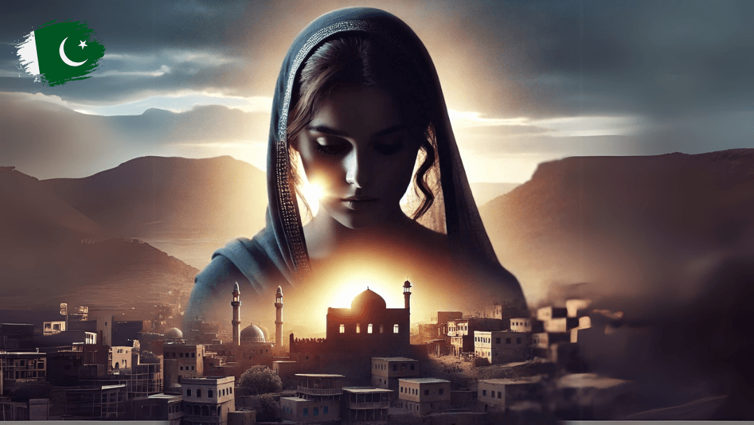 A powerful image symbolizing the struggle against gender-based violence in Pakistan. In the foreground, a woman stands strong and resilient, her face