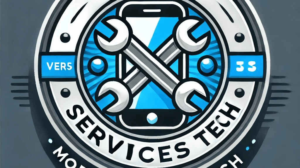 Logotipo circular com uma imagem de celular no centro e duas chaves cruzadas sobre ele. Ao redor, o texto “Vicky Services Tech”.