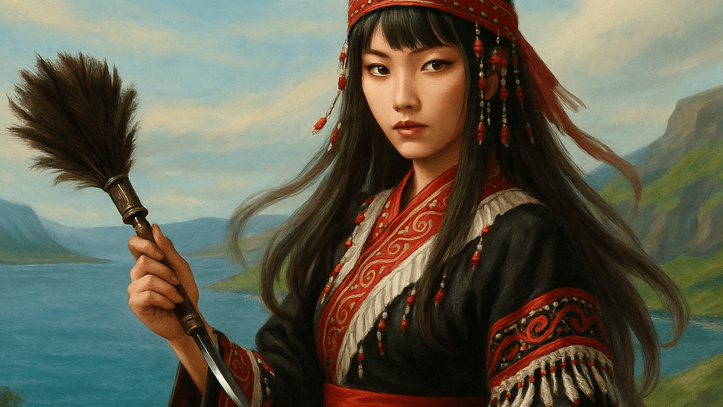 a unangax lady holding a feather duster that is also a dagger