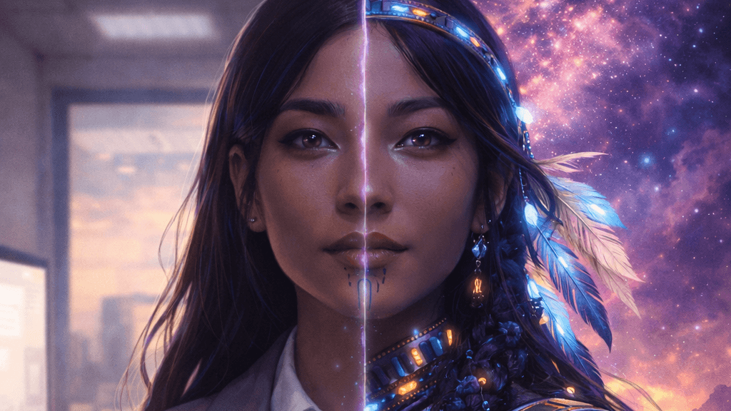 an indigenous lady in both modern world and spirit world
