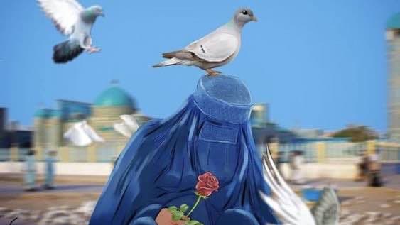 A young Afghan girl sitting with a red rose in her hands, while a white dove flies above her head, symbolizing peace and hope