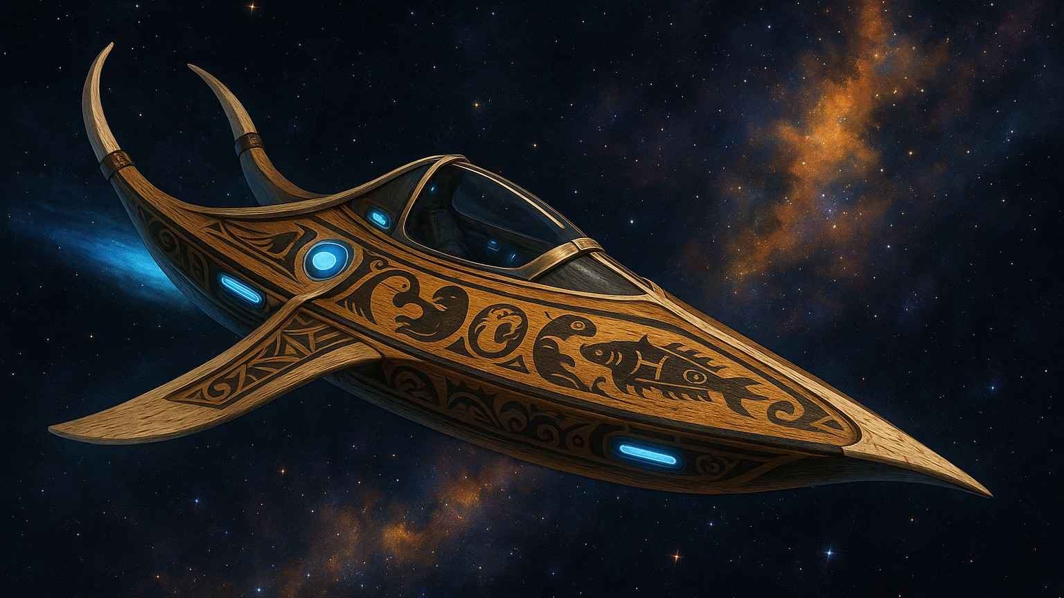 a spaceship made of the "bent wood" the Aleuts are famous for