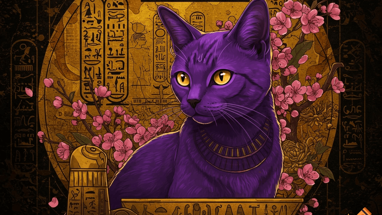 a purple cat against an egyptian background with Japanese elements