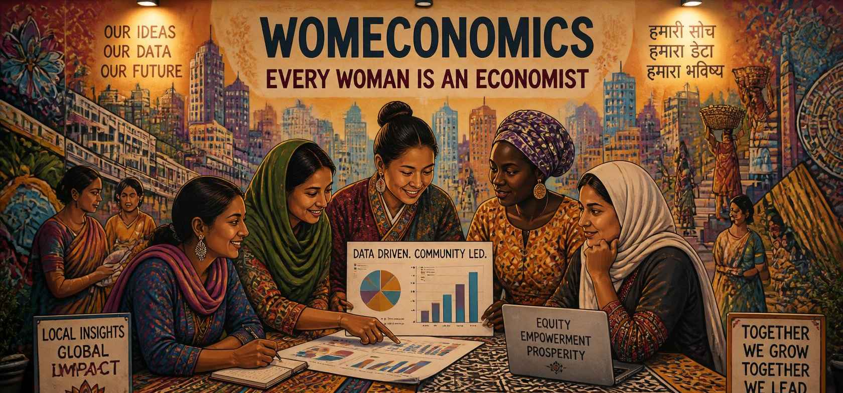 Women from different Nations are sitting at a same table and discussing economy