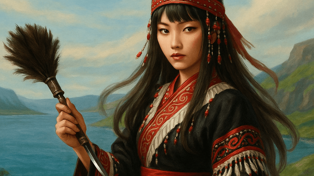 An Unangax maiden holding a feather duster