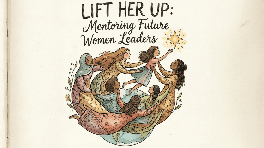 is an image with more women holding each other and the text: LIFT HER UP: Mentoring Future Women Leaders