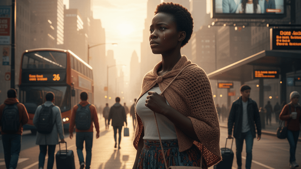 A young African woman stands at a busy bus station at dawn, holding a small bag. She looks determined but thoughtful, thinking of her family back home. The city around her is bustling and unfamiliar, with warm morning light filtering through